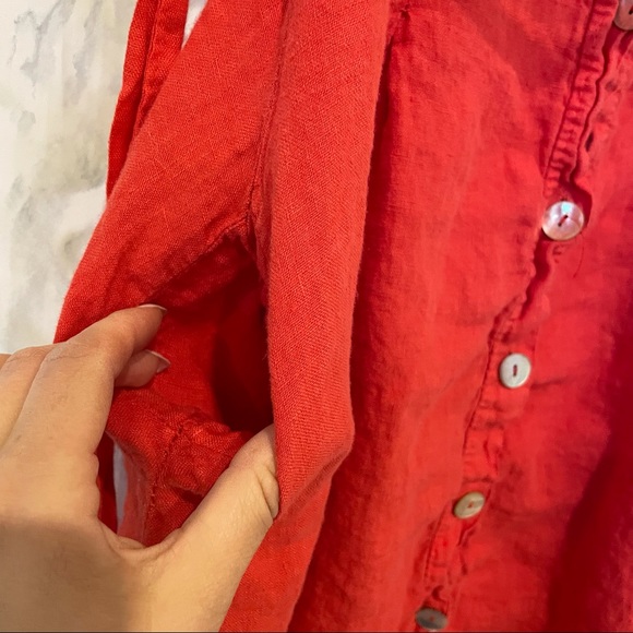 Lungo Larno 100% linen coral pink sundress button up pockets belt summer medium - Picture 3 of 11